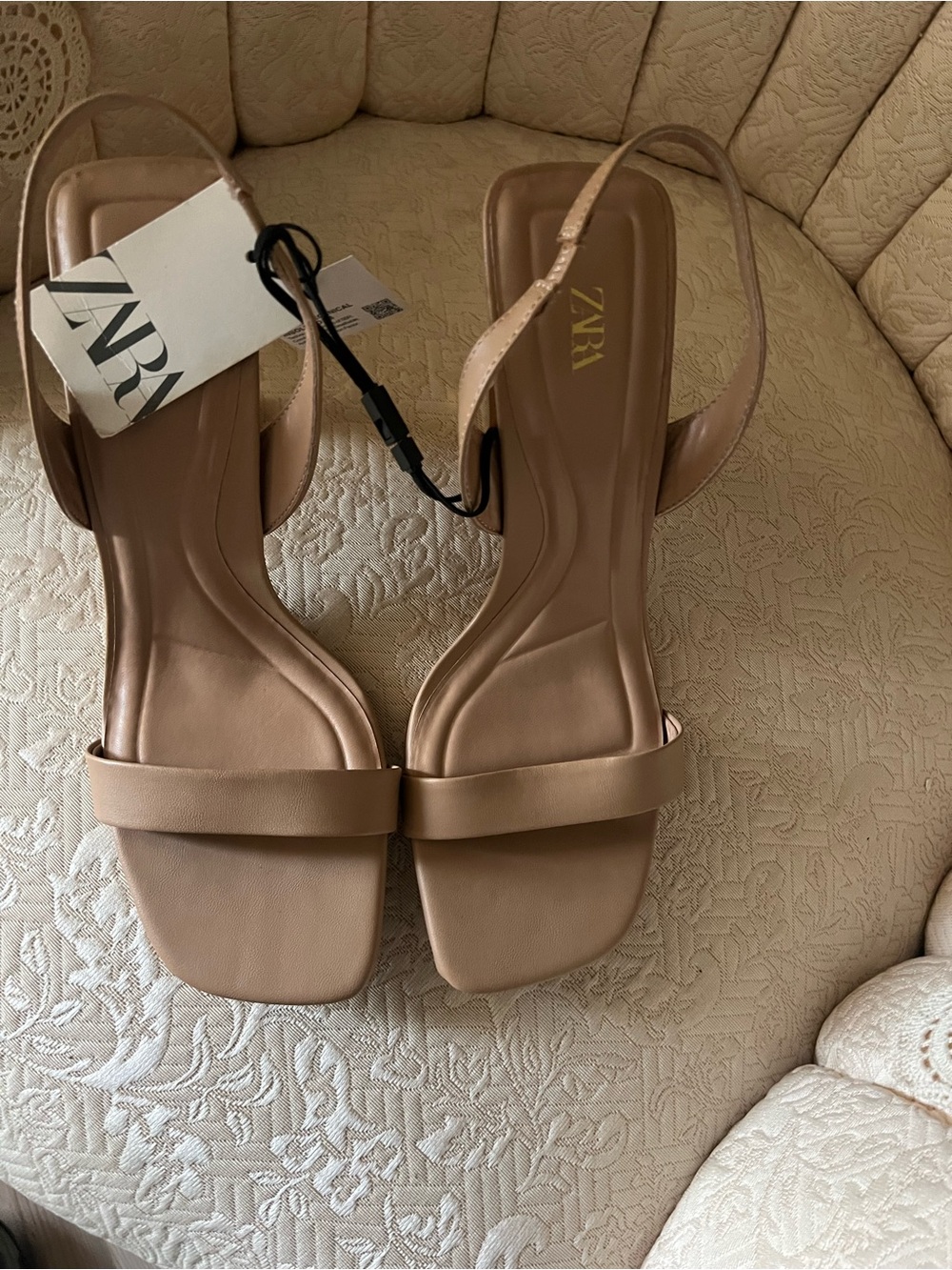 Zara Beige Square-Toe Slingback Heels